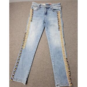 Pilcro Boyfriend Slim Crop Womens 29 Light Wash Boho Side Embroidered Trim Jeans